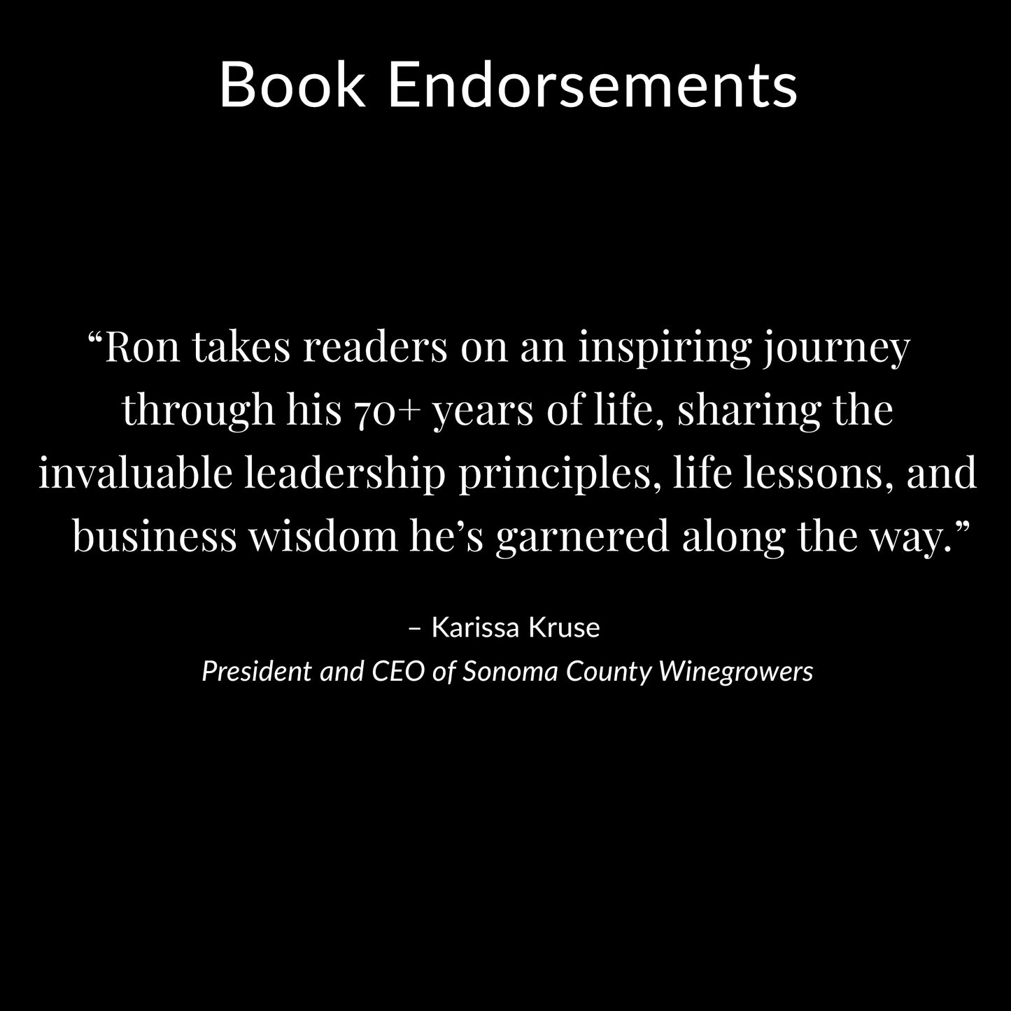 Book endorsement text on a black background