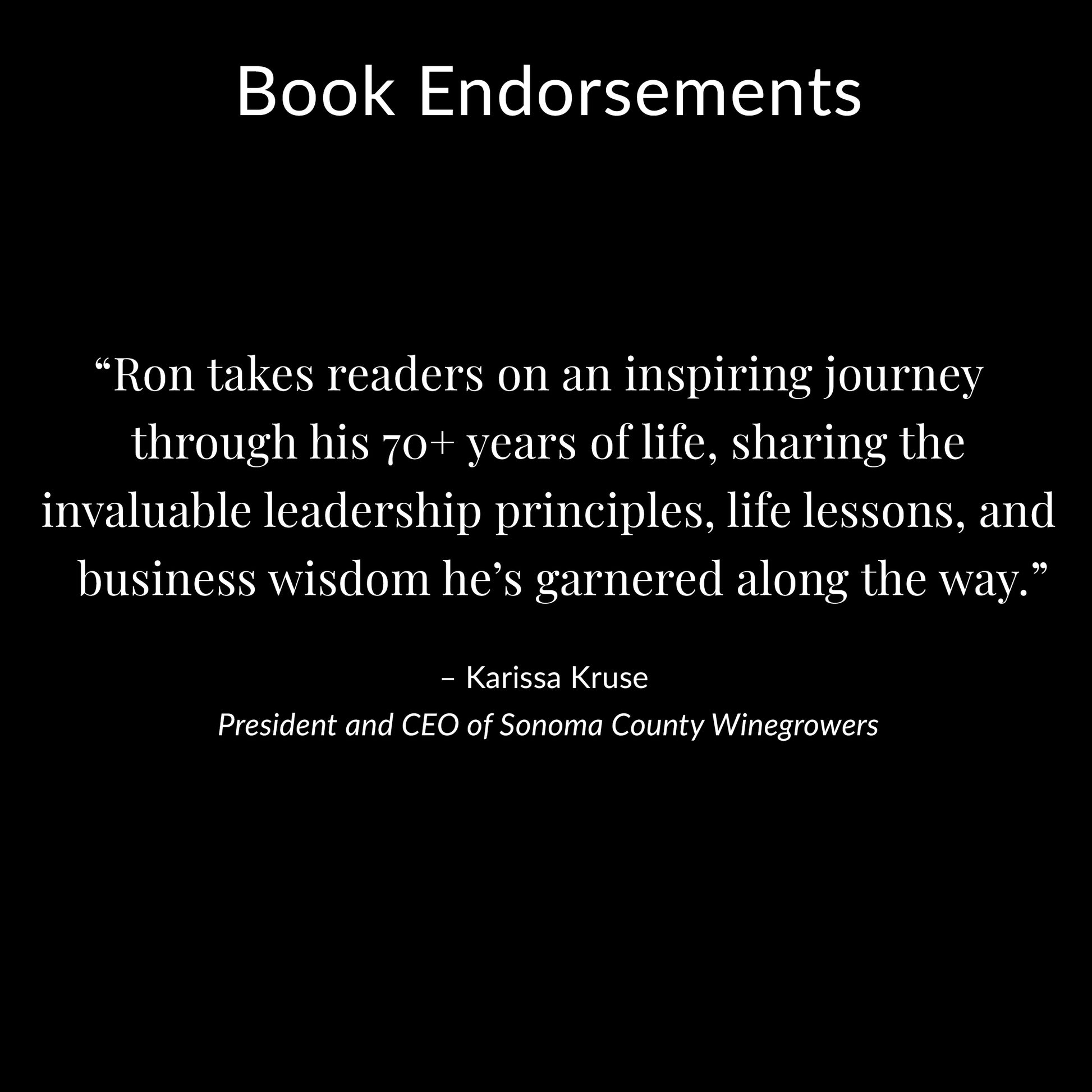 Book endorsement text on a black background