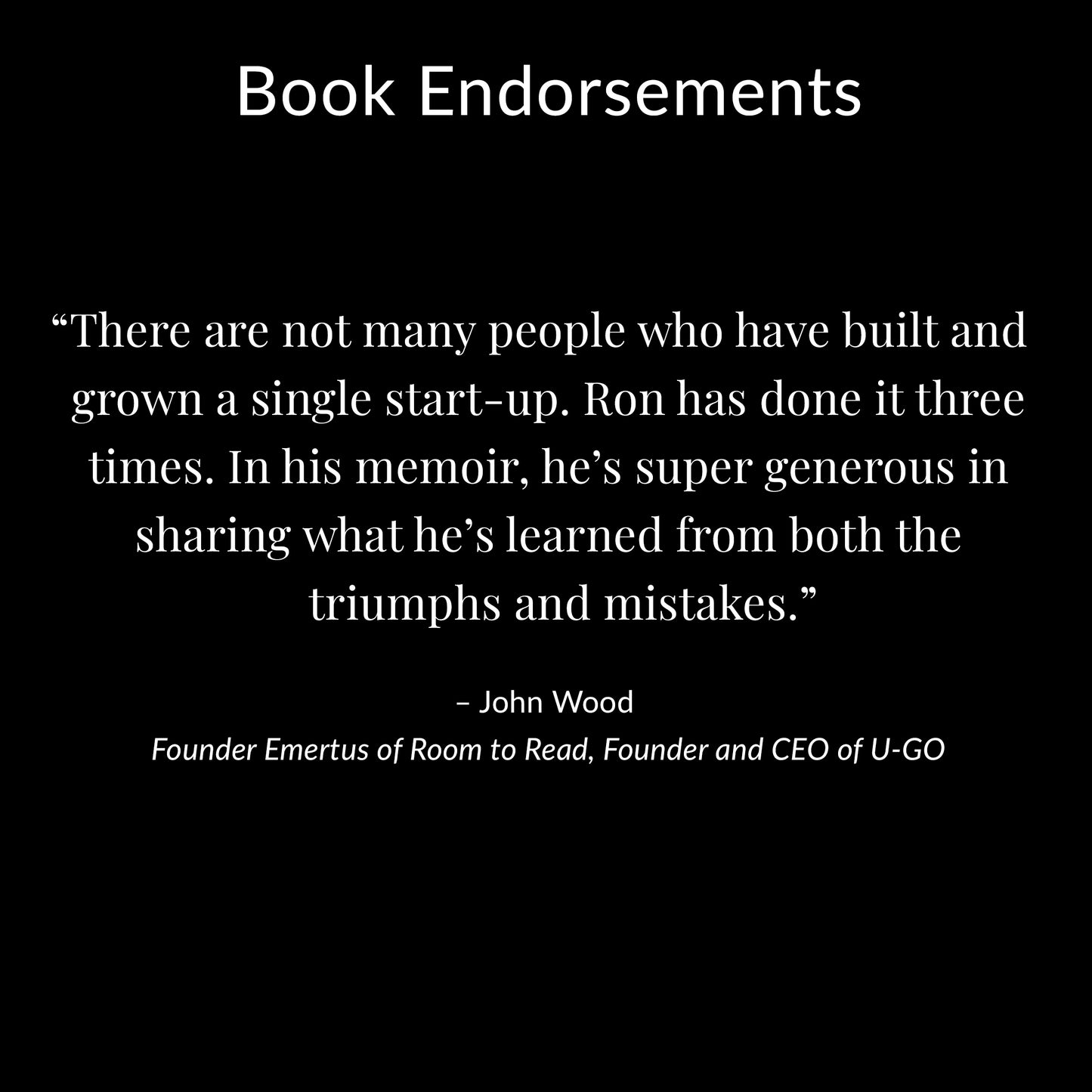 Book endorsement text on a black background