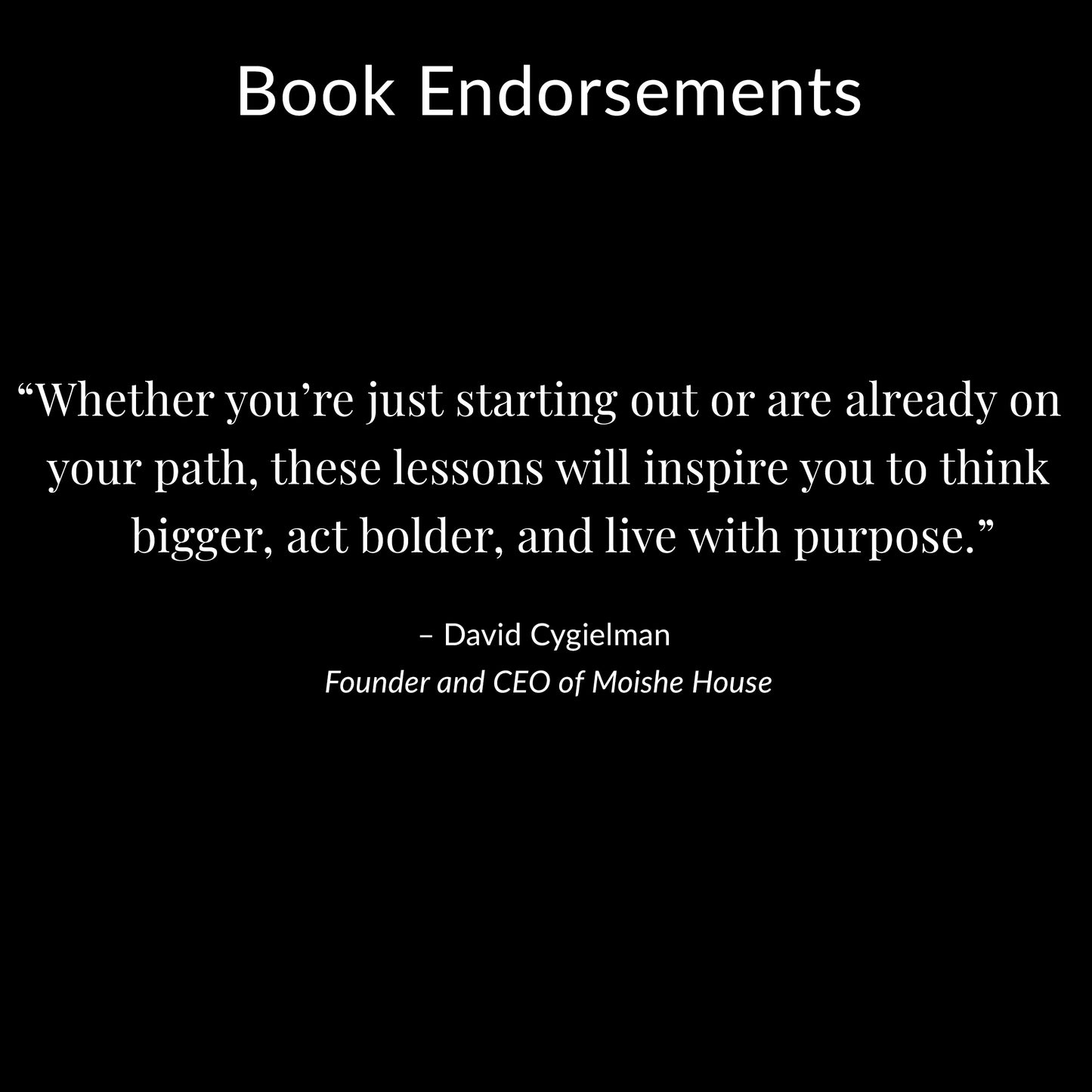 Book endorsement quote by David Cygielman on a black background